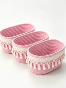 1pc Bohemian Style Tassel Woven Basket, Living Room Desktop Storage Basket, Multi-Functional Oval Storage Basket, 3 Sizes Available, Suitable For Living Room, Bedroom, Desk And Bedside, Perfect For Desktop Storage - Pink - View 4