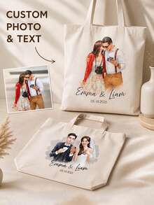 Tas Tote Potret Foto Kustom, Nama dan Tanggal yang Dipersonalisasi, Tas Bahu Seni Cat Air, Hadiah Sentimental untuk Pasangan, Ulang Tahun Pernikahan, dan Penggunaan Sehari-hari - MultiWarna - View 8