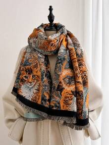 1pc Multi‑Breed Kitty Portrait Pattern 70*188cm Thick Shawl, Heavy Brushed Polyester Imitation Cashmere, Fall Winter Multi‑Use Wrap For Trip Gathering - Multicolor - View 2