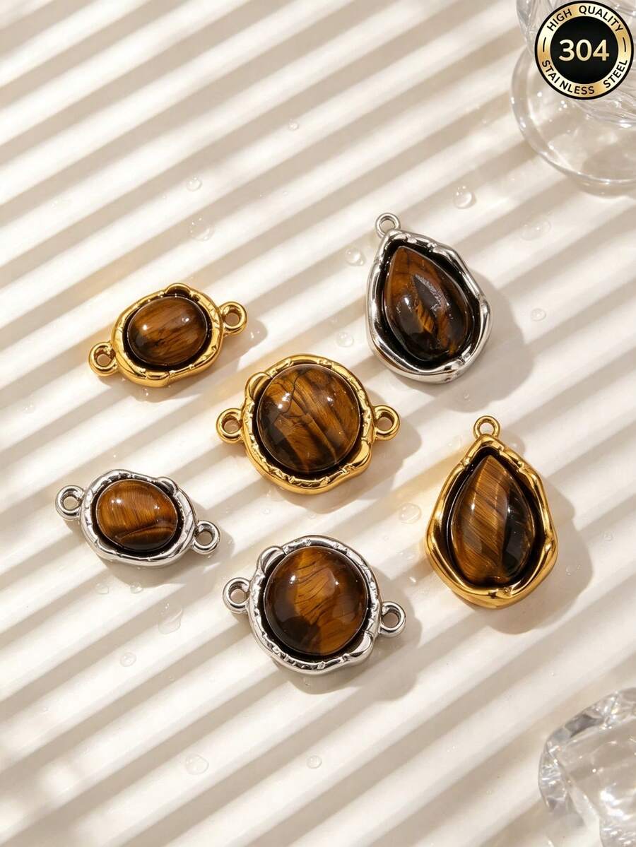 1/3Pcs 304 Stainless Steel Tiger Eye Connector Charms, Charms For Jewelry Making, Mehndi Style Stone Links, Waterproof Non‑Tarnish Necklace Bracelet - Tiger's Eye Connection - View 1