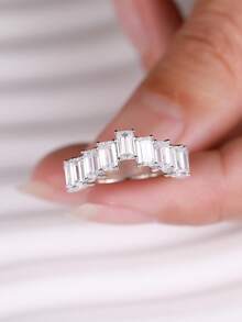Besthing 1pc S925 Sterling Silver 5.5CT Rectangular Moissanite Ring, Elegant Minimalist Style, Suitable For Wedding, Party, Valentine's Day, Daily Wear, Date, Holiday Jewelry - Silver - View 3