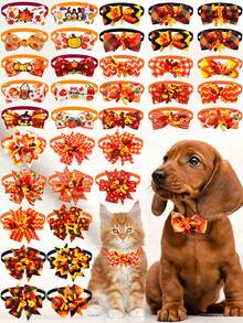 3/10/30/60Pcs Autumn Thanksgiving Maple & Pumpkin Pet Bow Ties, Adjustable Elastic Ribbon Decor, Multi Patterns For Small & Medium Dogs & Cats, Pet Photoshoot Props For Daily & Party, Ideal Gifts For Pet Birthday, Thanksgiving & Christmas - Multicolor - View 1