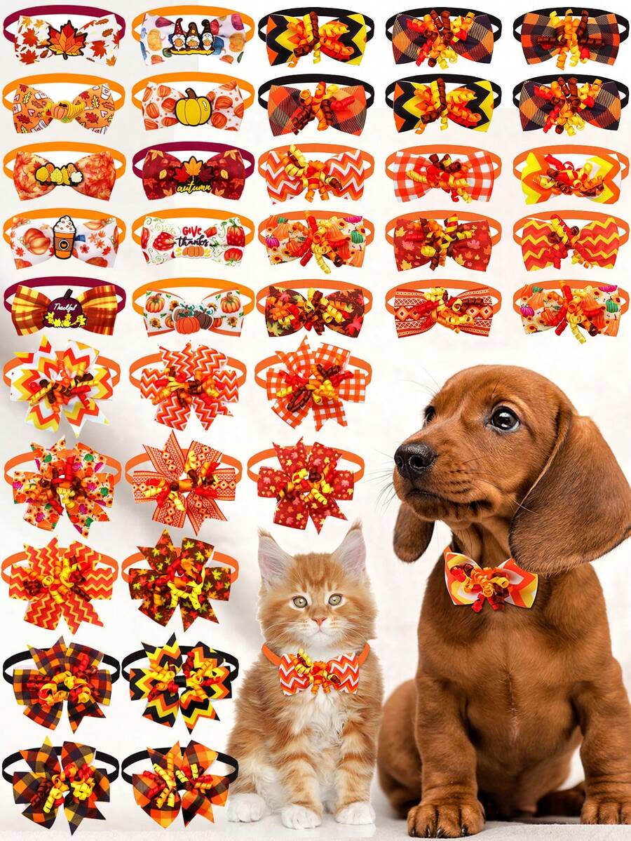 3/10/30/60Pcs Autumn Thanksgiving Maple & Pumpkin Pet Bow Ties, Adjustable Elastic Ribbon Decor, Multi Patterns For Small & Medium Dogs & Cats, Pet Photoshoot Props For Daily & Party, Ideal Gifts For Pet Birthday, Thanksgiving & Christmas - Multicolor - View 1