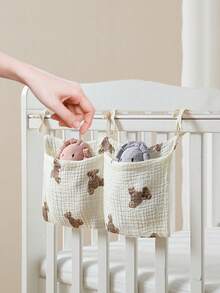 1pc Pure Cotton Baby Bed Hanging Storage Bag, Newborn Diaper & Toy Organizer, Multi-Functional Bedside Stroller Hanging Storage Basket, Suitable For Nursery - Multicolor - View 3
