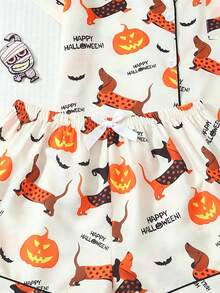 ROMWE 2pcs Women's Comfortable Halloween Pumpkin & Dachshund Print Collared Short Sleeve Top And Bowknot Shorts Pajama Set - Apricot - View 7