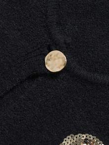 NiceArt 女款亮片刺繡蝴蝶結針織開襟外套，圓領前開單扣披肩夾克，波希米亞復古風，適合派對與日常穿著 - 黑色 - 查看 4