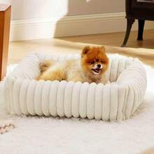 Soothing Donut‑Shaped Warm Soft Plush Round Dog Bed, Suitable For Small/Medium Dogs, Cats, Hamsters, Fluffy Cat Bed, Donut Pet Pad, 2‑In‑1 Winter Warm Sleeping Bag Sofa Mat - White - View 6