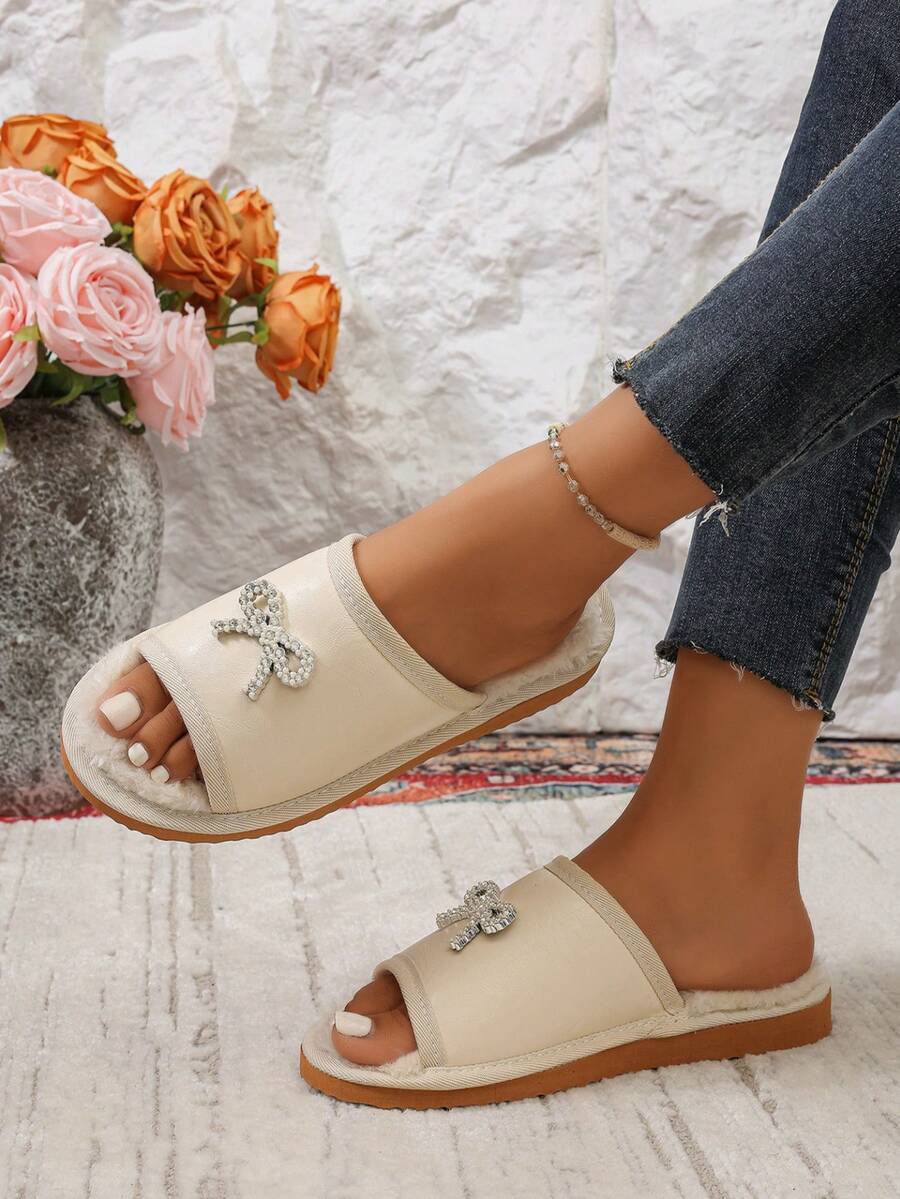 Light Luxury Girly Style Plush Slippers With Shiny Rhinestone Bow, Fluffy Plush Lining, Soft And Comfortable For Home, Hosting, And Outdoor Wear, Women's Slides - White - View 1
