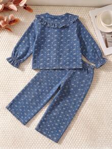 Young Girls Exquisite Peter Pan Collar Korean Style Sweet Girl Jacket Top With Matching Straight Leg Denim Jeans Set, Autumn New Versatile Comfortable - Dark Wash - View 2