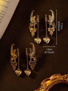 1 Pair Vintage Heart-Shaped Mythical Beast Earrings, 2 Color Options, Suitable For Daily Wear, Gifts Or Party Accessories - Dark Gold - View 4