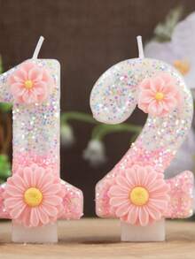 1件生日數字蠟燭，兩朵花粉色生日蛋糕蠟燭，亮片蛋糕裝飾蠟燭，0-9數字蠟燭（短燃燒時間） - 彩色 - 查看 12