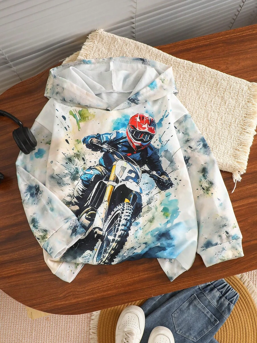 1pc Boys Casual Motorcycle Tie-Dye Pattern Lightweight Knit Long Sleeve Hooded Sweatshirt Spring Autumn - Multicolor - View 1