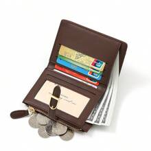 New Patchwork PU Leather Short Women's Wallet, Premium Bifold Card Holder, Minimalist Coin Purse With Ribbon Strap - Multicolor - View 4