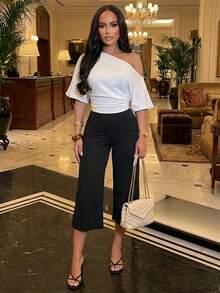 High Waist Wide Leg Capri Pants, Casual Pure Black Loose Capri Pants, Comfortable Slimming Versatile Sports Summer Style - Black - View 8