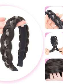 Wig Headband With Rhinestones And Pearls, Fishbone Braided Hair Accessory To Cover Hair Part And Add Volume - Black - View 4