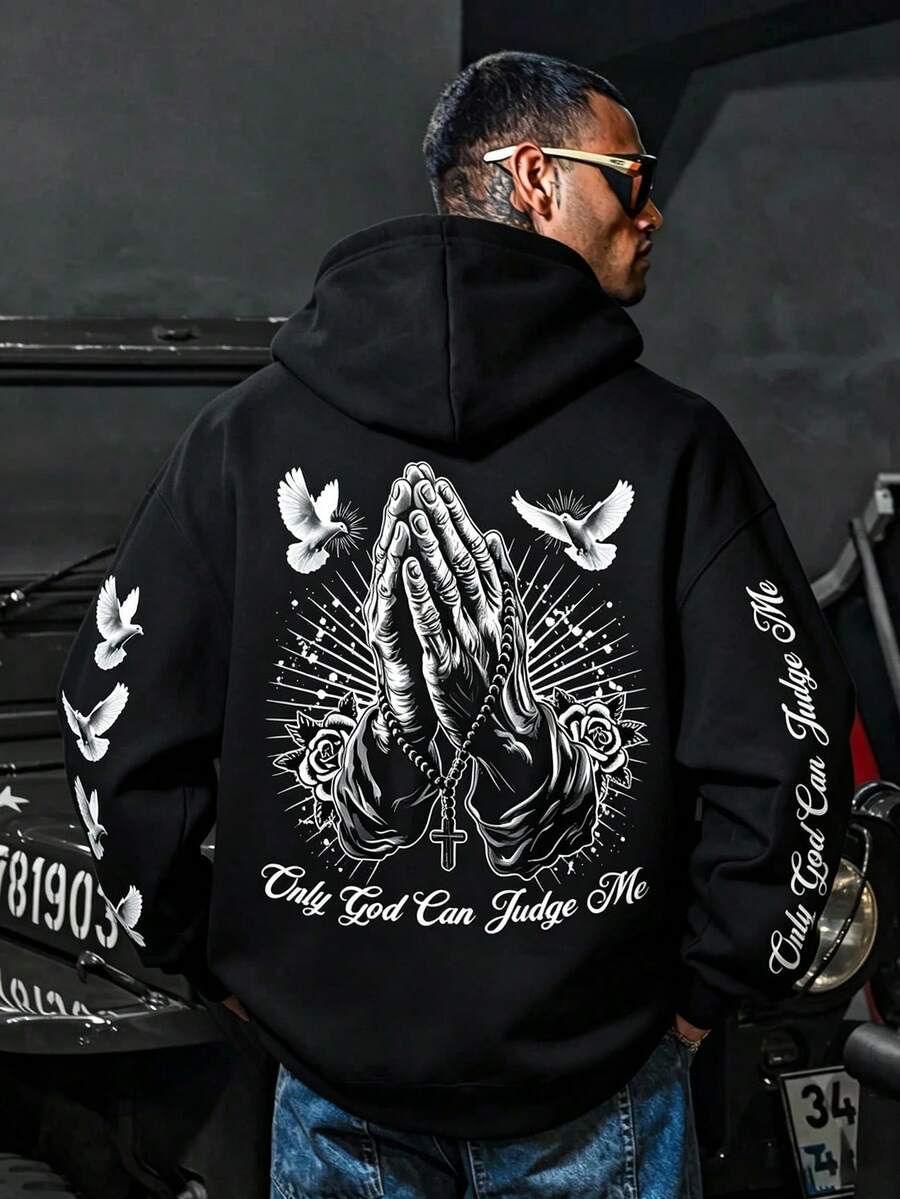 美國西岸黑色連帽衛衣,印有祈禱之手、白鴿與玫瑰圖案,Only God Can Judge Me 圖像印花,寬鬆版型套頭運動衫 - 黑色 - 查看 1