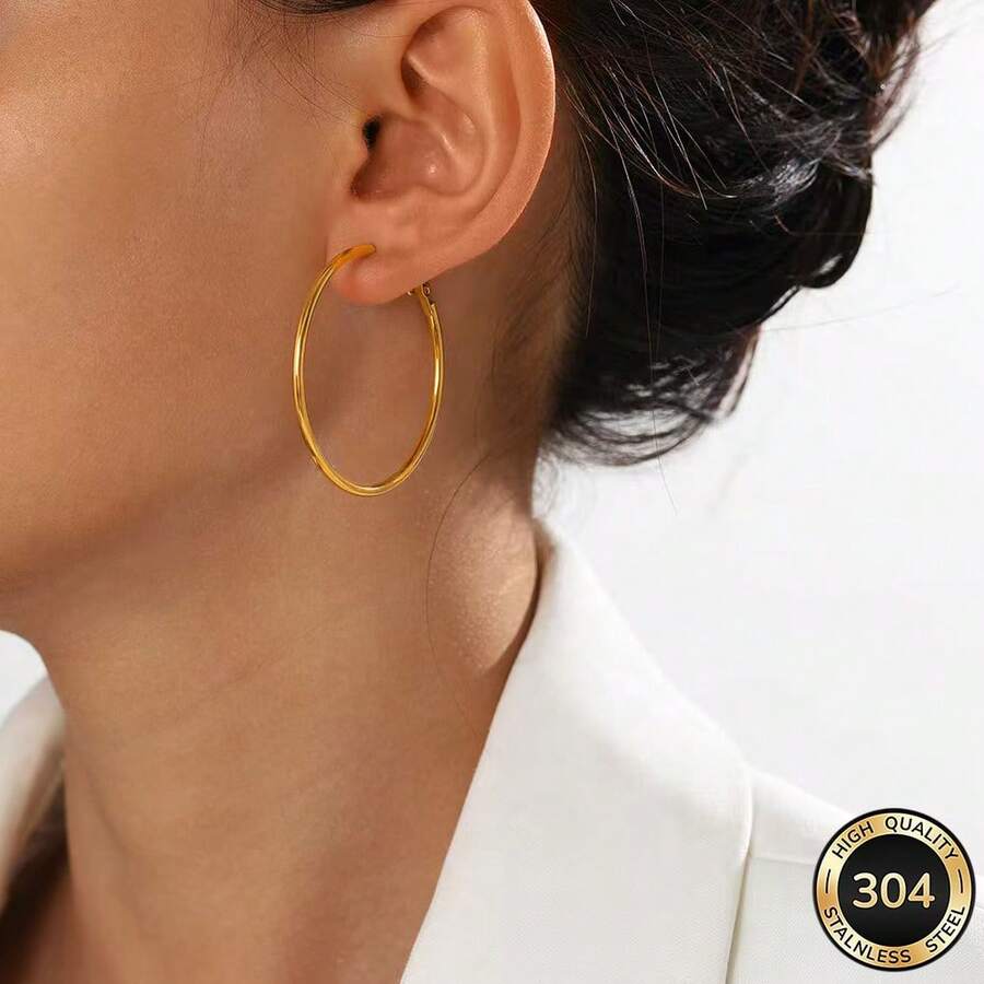 1 Pasang, Baja Tahan Karat, Anting Bulat, Dipersonalisasi, Modis, Emas 18K, Anting Geometris - Emas - View 1