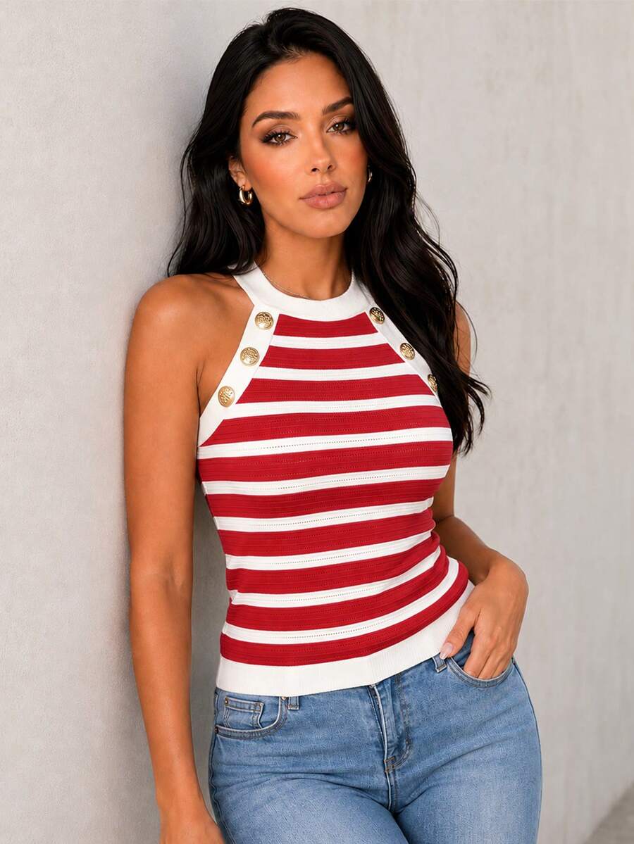 ChicMe Women's Striped Spaghetti Strap Knitted Tank Top, Sleeveless Ribbed Knit Camisole With Gold Button Decor, Casual Commute Street Style - Red - View 1