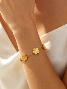 VceTd 1 Set Elegant Style Stainless Steel Women's Jewelry Set With Clover Element, Suitable For Fashionable Outfit Wear - Yellow Gold - View 4