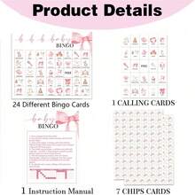 33pcs Pink Bow Baby Shower Bingo Game, 24pcs Pink Bingo Cards Suitable For Gender Neutral Party Games And Decorations - Bow - View 5