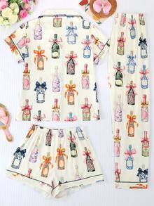 Plus Size 3-Piece Pajama Set For Women, Cool Short Sleeve, Plus Size Plus Size, 3-Piece Set, Shorts And Long Pants, Lapel Button Short Sleeve, All Season Wear, Plus Size, Home Wear, Comfortable And Loose, Bow And Wine Bottle Print - White - View 2