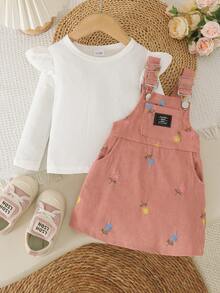 2pcs Set Baju Terusan Bayi Perempuan Lucu Lengan Panjang Bergaris dan Gaun Terusan Korduroi Bordir, Ringan untuk Musim Semi dan Gugur - Putih - View 3