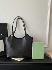 Sac fourre-tout à l'épaule vintage de couleur unie en PU, convient pour les femmes pour le shopping, les déplacements, l'utilisation quotidienne et les étudiants pour la rentrée scolaire - Noir - Voir 2
