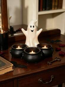 1 Tempat Lilin Teh Bentuk Kuali Tiga Tingkat Bergaya Gotik, Tempat Lilin Multi Lubang, Dekorasi Suasana Meja Halloween, Dekorasi Pesta Rumah - Tempat lilin hantu tiga silinder - View 5
