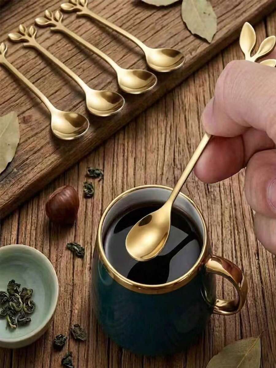 1/5/10pcs Creative Tree Branch Stainless Steel Coffee Stirring Spoons, Dessert Milk Tea Small Spoons, Coffee Spoons - Gold - View 1