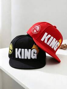 2件裝聖誕刺繡KING皇冠平帽簷棒球帽，戶外可調節防曬休閒帽，適合男孩女孩，春秋旅行、海灘度假防曬帽 - 黑色+紅色 - 查看 3