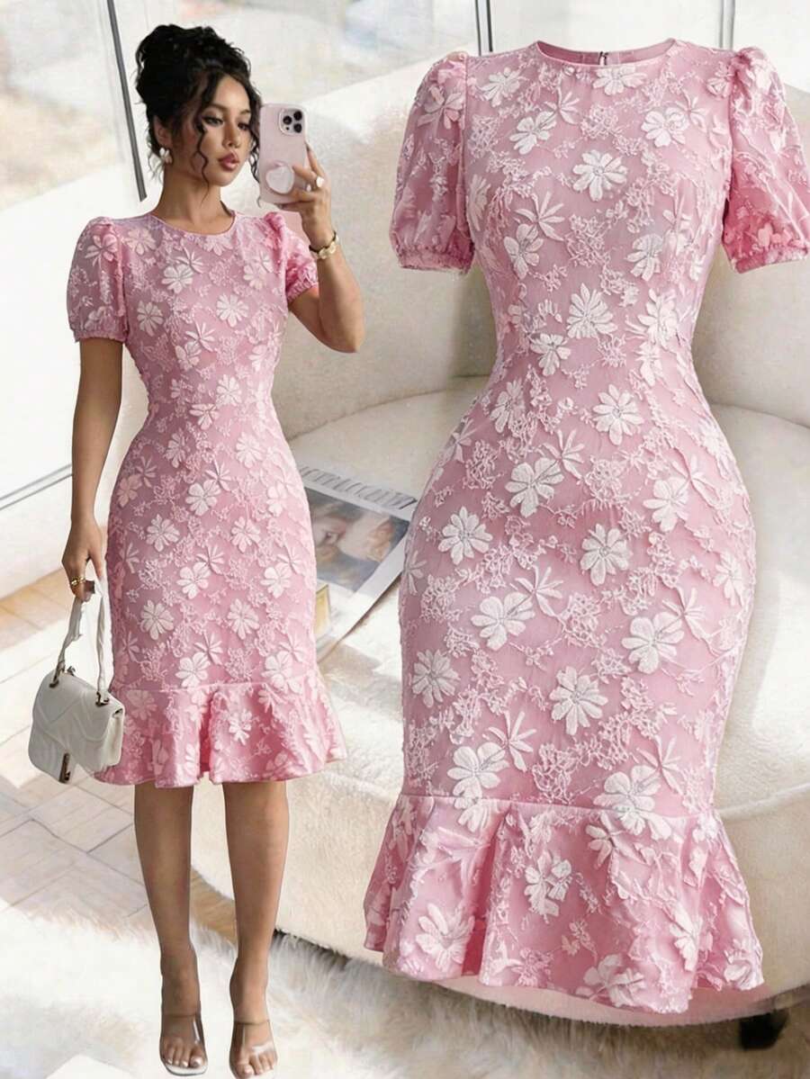Women's Elegant Jacquard Round Neck Puff Sleeve Fitted Dress, Suitable For Commuting And Daily Wear, Women's Dress, Women's Elegant Dress
