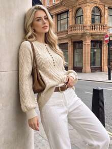 Nicenter Women's Fall-Winter Beige Casual Cable Knit Crew Neck Half Button Long Sleeve Loose Pullover Sweaters Tops Daily Fall Outfit - Apricot - View 3