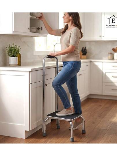 Taburet fix Elindor® cu mâner, platformă antiderapantă, structură, suprafață și bază antiderapantă, 44 * 31 * 86.4 cm, crom