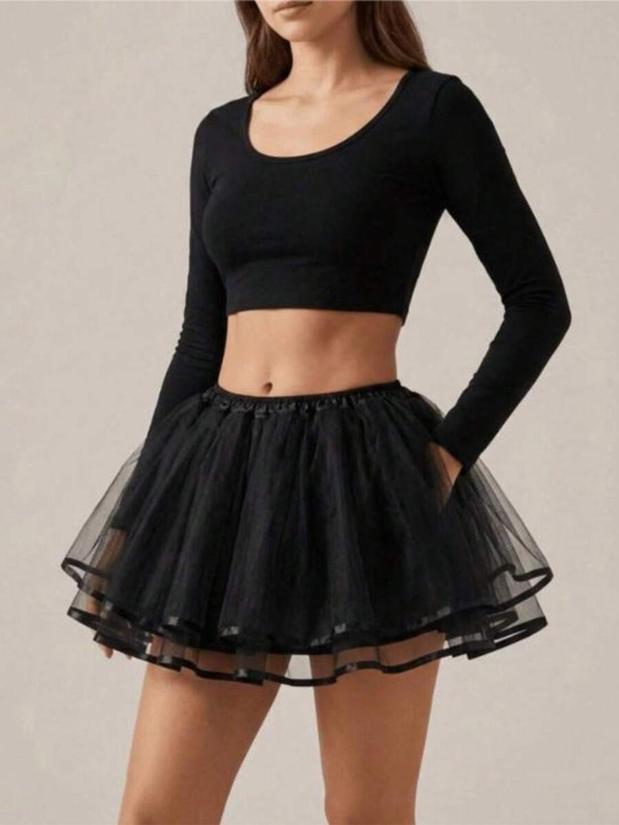 White & Black Cute Boneless Slip Skirt Women's Ballet Tutu Dress With Ribbon For Halloween - Black - View 1