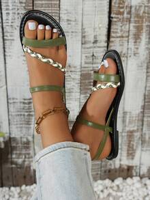 Women's Flat Sandals With Woven Strap Bohemian Style Design, New Summer Beach Wear, Fashionable, Elegant, Comfortable, Versatile, Suitable For Shopping And Home - Dark Green - View 4
