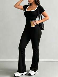 VENORA Contrast Trim Square Neck Cut Out Back Short Sleeve Flare Jumpsuit, Slim Fit High Waist Bodycon Jumpsuit For Daily Sports,Fall,Gym - Black - View 9