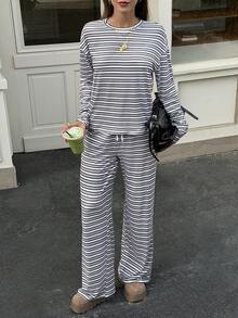 Women's Striped Lapel Fashion Knit Loose Long Sleeve Top & Casual Pants Set - Mauve Purple - View 2