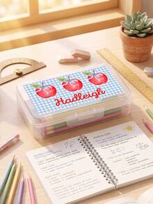 1pc Custom Text Transparent Pencil Box, Personalized Stationery Organizer, Cute Gingham Striped Pattern Hard Plastic Pencil Case, Back To School Supplies - Multicolor - View 2