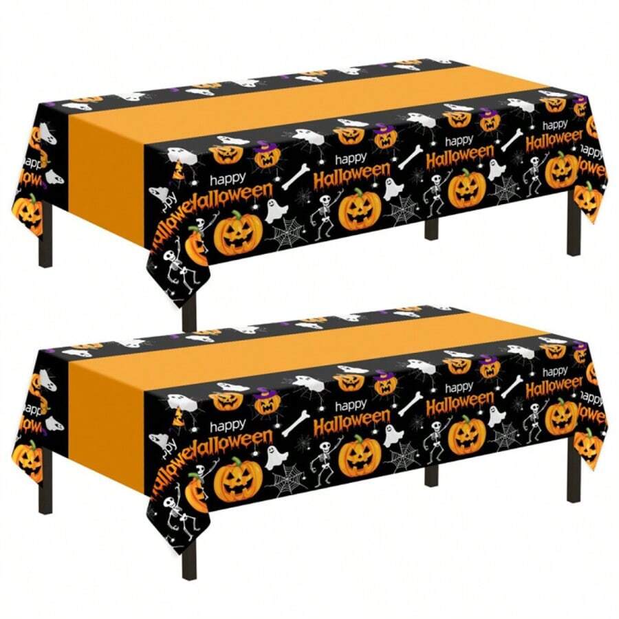 2 Packs/1-Pack Halloween Tablecloth, Disposable Plastic Tablecloth | Halloween Pumpkin Party Table Decoration, Suitable For Indoor And Outdoor Backdrop (54"X108") - Multicolor - View 1