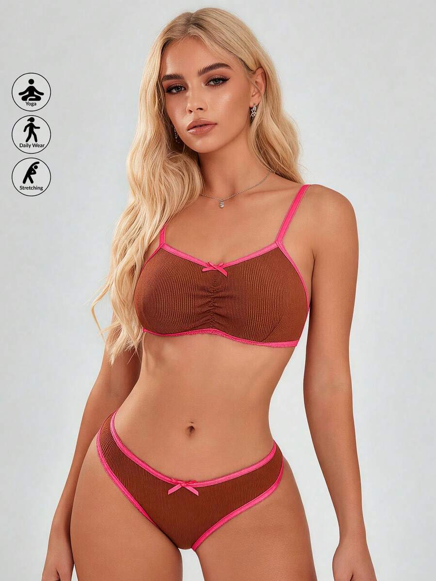 Runway Rest Conjunto de sujetador inalámbrico de diseño plisado minimalista de color contrastante para mujer - Marrón - Ver 1