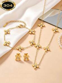 1 Set Luxury Rhinestone Inlaid 18K Gold Plated Clover Bracelet, Necklace, Earrings Jewelry Set, Suitable For Women's Daily Wear - Gold - View 8