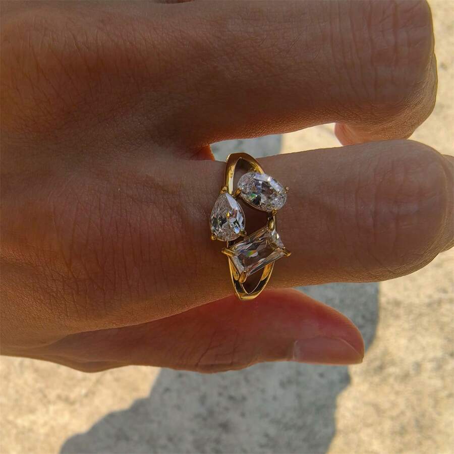 VKHK 1 pièce Bague de fiançailles épaisse en acier inoxydable plaqué or 18K avec cubic zirconia AAA, bijou de mode pour femme, cadeau - bague en diamant - Voir 1