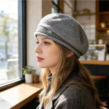 1pc Women's Knitted Beret Hat, Double D Rhinestone Decor, Winter Warm Soft Wool Knit Cap, Fashion Casual Daily Wear - A - View 1