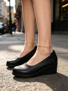 1 Pair Fashion Thick Sole Slip-On Shoes, Versatile Comfortable Work Shoes, Professional Women's Leather Shoes, PU Material Suitable For All Seasons - Black - View 4