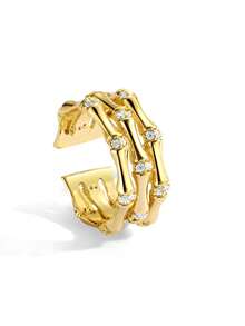 Copper Plated 18K Gold Three-Layer Bamboo Joint Open Ring Inlaid With Cubic Zirconia, Vintage Luxury Style Ring, Stackable Design, High-End Jewelry, Unisex, Suitable For Daily Commute, Party, Street Wear, Couple Friends Holiday Gift Accessory - Gold - View 6