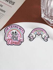 QIHOO 1pc Sweet Cool Gothic Skull Drip Oil Brooch Set I'm Fine Funny Slogan Lapel Pin Badge Rainbow Skull Cartoon Pin Decor Denim Jacket Backpack Funny Emotion Mental Health Theme Gift - Multicolor - View 5