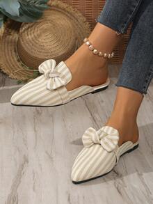 2026 Autumn/Winter New Khaki Striped Bow Pointed Toe Comfortable Lightweight Women's Half-Sling Shoes - Khaki - View 5