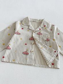 Miniweenns 2pcs/Set Unisex Baby Striped Base Long Sleeve Outfit, Collar + Buttons + Pockets, Circus Star Print - Khaki - View 8