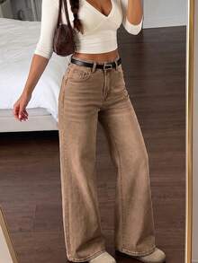 High Waist Washed Stretch Straight Leg Jeans, Casual Comfortable Daily Wear - Brown - View 5