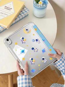 1件裝 藍色太空人星星平板保護殼，相容 iPad Mini6/7/Air/Air2/9.7/10.2/10.5/10.9 (Air4-Air8)/Pro 11/10th Gen/A16/Pro 11 2024 機型，雙面彩繪圖案平板套，透明壓克力背殼，絲綢質感 8 折支架，自動休眠/喚醒，內建筆槽，不含筆，部分機型附相機框 - 彩色 - 查看 3
